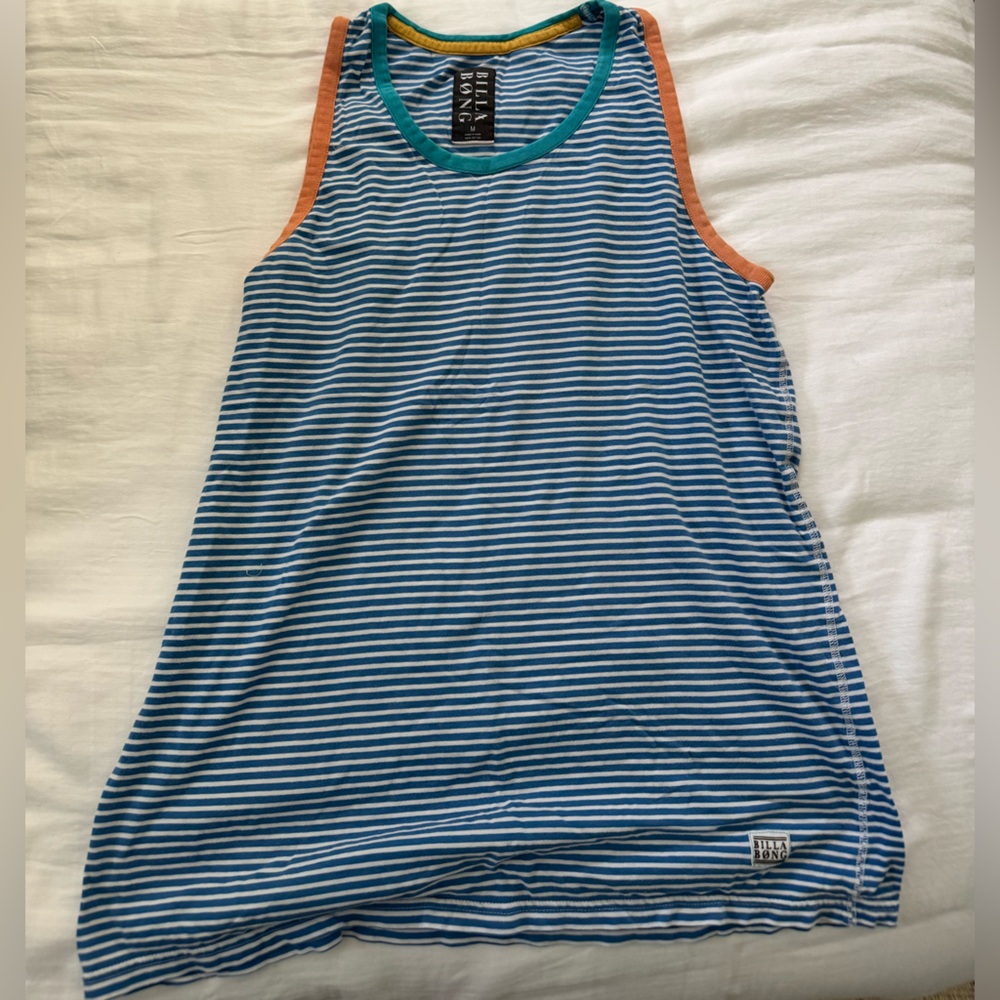 Billabong Blue and White Striped Tank with Teal and Yellow Trim